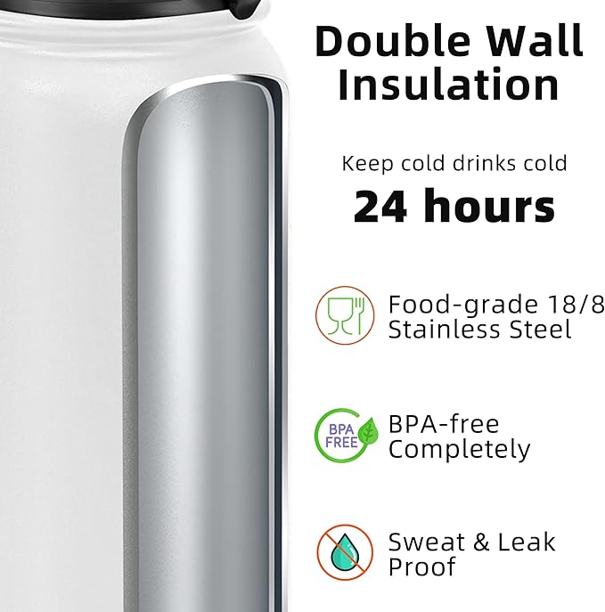 Fanhaw 40 oz Insulated Stainless Steel Water Bottle with Chug Lid, Leakproof & Sweat-Free Extra-Large Metal Bottle for Outdoor, Hiking & Gym (White)
