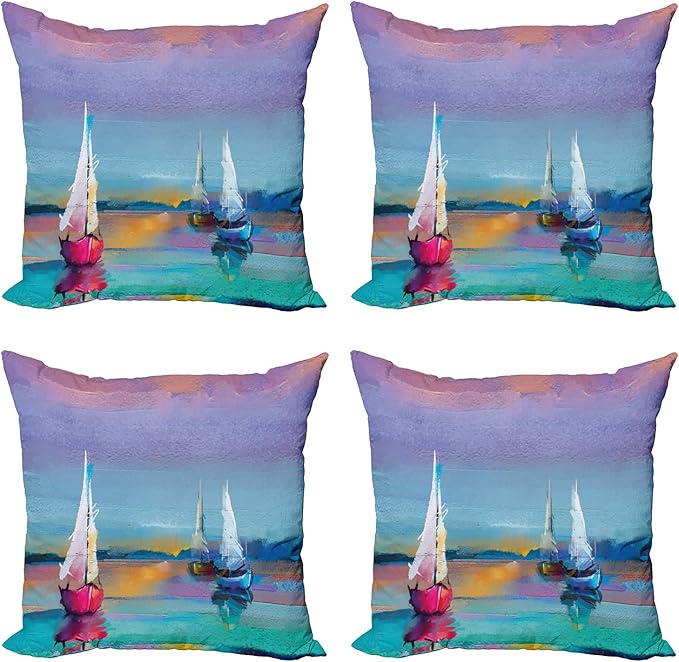 Ambesonne Abstract Oil Painting Decorative Throw Pillow Case Pack of 4, Modern Art with Boat Sail on The Sea Illustration of Nautical Motifs, Cushion Cover for Couch Living Room Car, 20", Purple Teal