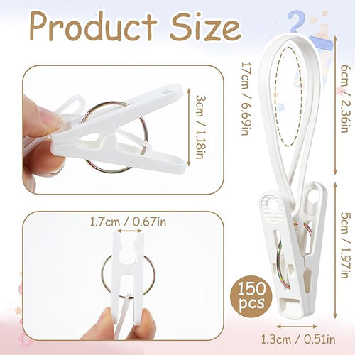 105 Pcs Multi-Purpose Laundry Hooks Hanging Clips Bulk with Plastic Rope Hanger Clips for Baby Clothes Closet Organizer for Pants Hat Sock Boot Bra Towel Bathroom Wardrobe Kitchen, White