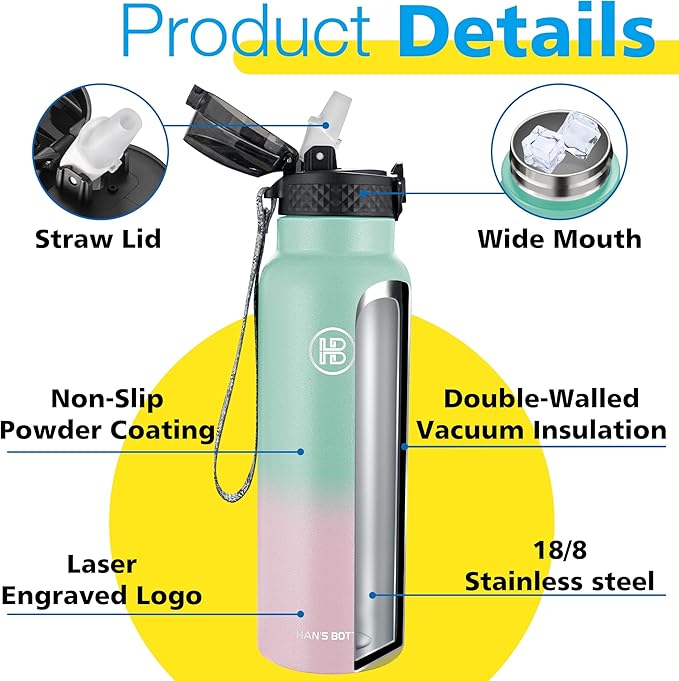 Han's Bottle Sports Water Bottle - 24 Oz, Straw Lid, Leak Proof, Vacuum Insulated Stainless Steel, Double Walled, Thermo Mug,Bubble Gum