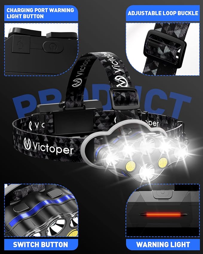 Victoper Rechargeable Headlamp, 8 LED High Lumen Bright Head Lamp with Red Light, Lightweight USB Head Light, 8 Mode Waterproof Head Flashlight for Outdoor Running Hunting Camping Gear, Black
