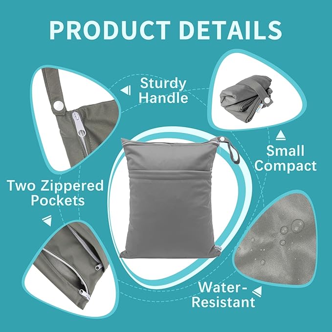 babygoal Wet Dry Bags for Baby Cloth Diapers, Washable Travel Bags, Beach, Pool, Gym Bag for Swimsuits & Wet Clothes with Two Zippered Pockets 3 Pack, 3LN24