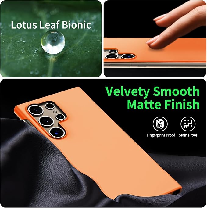 GRECAZO Slim Borderless for Samsung Galaxy S24 Ultra Phone Case 6.8"(2024) Ultra-Thin Lightweight Frameless Matte Hard PC Cover Case with Pull Ring Minimalist Non Slip Rope-Orange