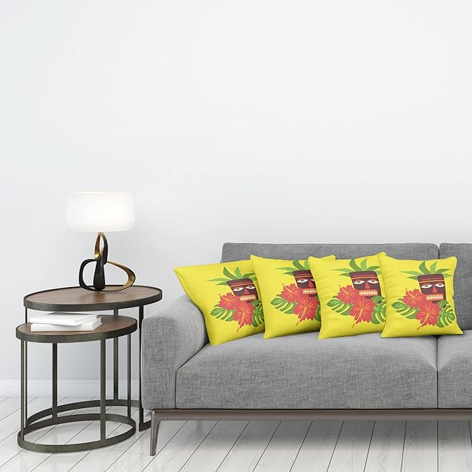 Ambesonne Luau Throw Pillow Cushion Case Pack of 4, Vibrant Composition of a Tiki Exotic Summer Hibiscus and Palm Leaves, Modern Accent Double-Sided Digital Printing, 16", Yellow Multicolor
