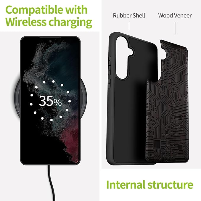 Carveit Wood Case for Galaxy S24 Plus Case [Natural Wood & Black Soft TPU] Shockproof Protective Cover Unique Wooden Design Compatible with S24 Plus (Motherboard-Blackwood)