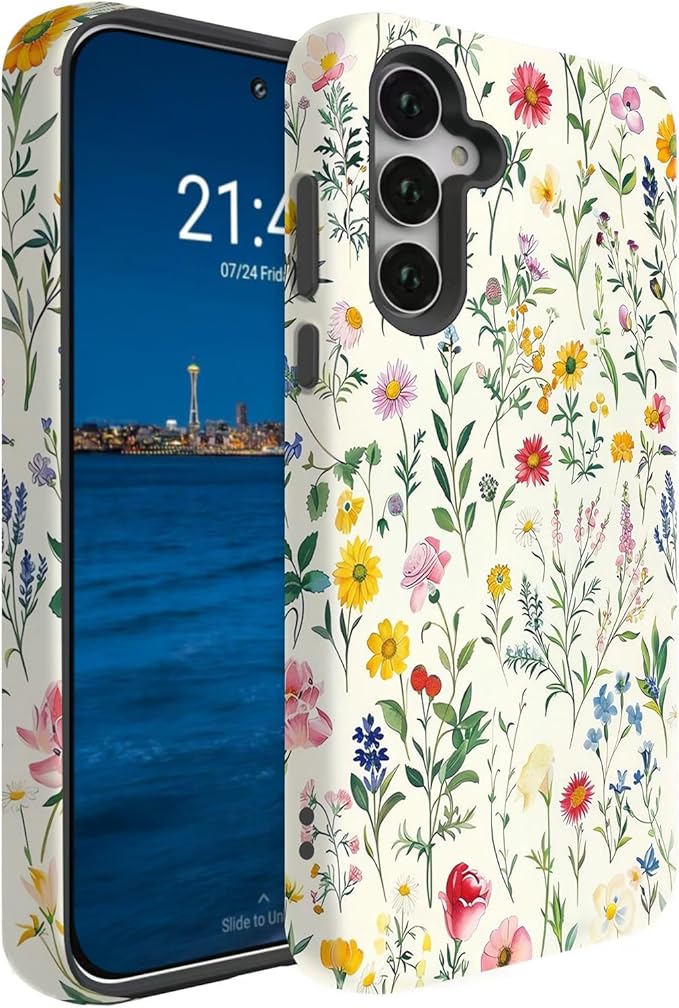 Compatible for Samsung Galaxy S25 FE 5G Case, Dual Layer Heavy Duty 2 in 1 Shockproof Protective Phone Case,Vintage Botanical Wildflower Print