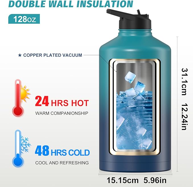 1 Gallon Water Bottle Insulated(Cold for 48 Hrs),BPA Free&Leak Proof,128oz Stainless Steel Water Jug,Large Water Bottle with Straw Spout Lids for Gym,Hiking,Camping&Travel,Gradient Blue