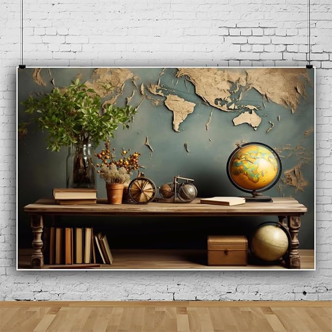 7x5ft Vintage World Map Backdrop Wooden Desk Globe Photography Background Study Room Office Bookcase Books for Video Conference Zoom Meeting Graduation Party Cake Table Banner Photo Booth Props
