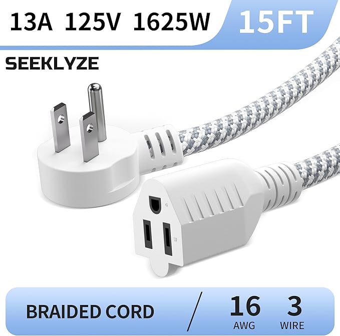 16 Gauge Braided Extension Cord 15 FT, 16/3 Flat Plug Power Cord Indoor, 3 Prong White Extension Cable Flexible for Home Dorm Room Essentials, 13A 125V 1625W, ETL Listed