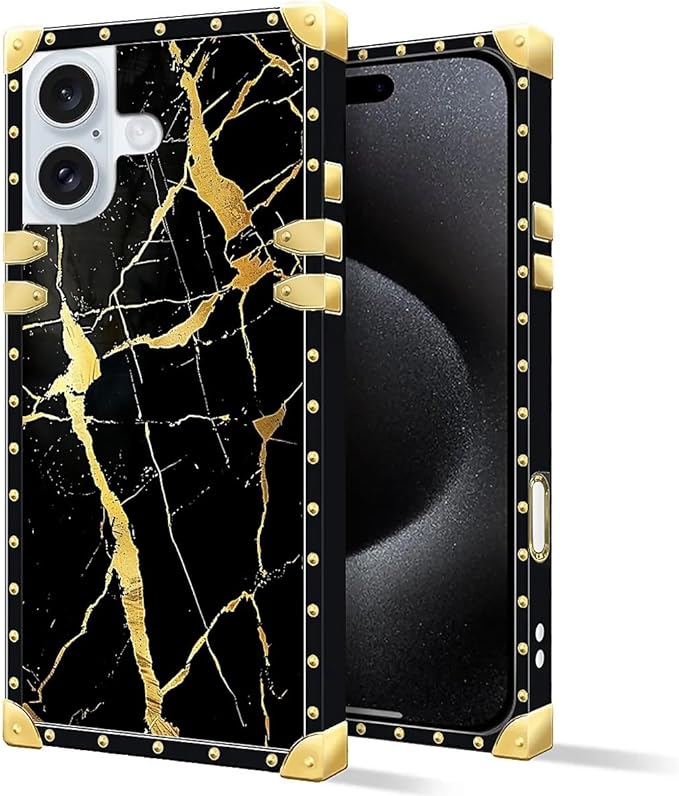 Compatible with iPhone 16 Plus Case, Black Gold Marble Nature Luxury Golden Decoration for Girl Women Soft TPU Shockproof Protective Hard PC Back
