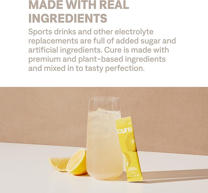 Cure Hydration | Plant-Based Electrolyte Drink Mix | No Added Sugar | FSA-HSA | Dehydration Relief Powder Made with Coconut Water | Non-GMO | Vegan | Box of 8 Packets - Lemonade