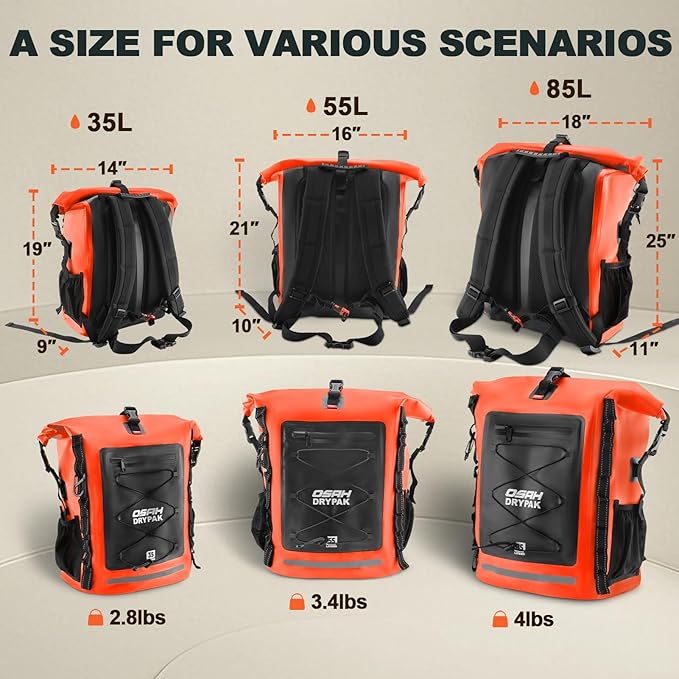 OSAH DRYPAK Waterproof Backpack Dry Bag 35L/55L/85L– Heavy Duty Roll-Top Hiking Backpack Sack Keeps Gear Dry for Travel, Kayaking, Boating, Camping, Rafting and Fishing