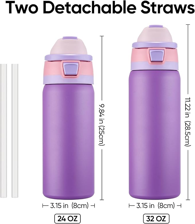 Fijinhom 24 oz Insulated Water Bottle with 2-in-1 Straw and Spout Lid, Stainless Steel Double Wall Vacuum Flask, Sports Water Bottle Keeps Cold 24H, Leak Proof for Gym, Outdoor, Travel (Purple)