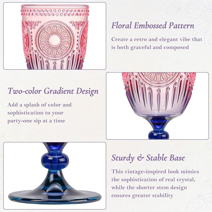 XUWAIDSGN 6Pcs Plastic Vintage Wine Glasses 13.5oz Reusable Embossed Goblet Glasses Pink Blue Gradient Retro Wine Glassware Unbreakable Stemmed Champagne Water Cups for Wine Cocktail Juice Wedding