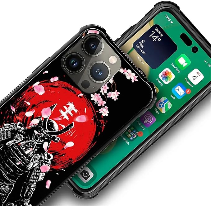 for iPhone 14 Pro Case, Sakura Japanese Samurai Pattern Graphic Design Girl Boy Soft Silicone Hard Acrylic Shock Protection for iPhone 14 Pro