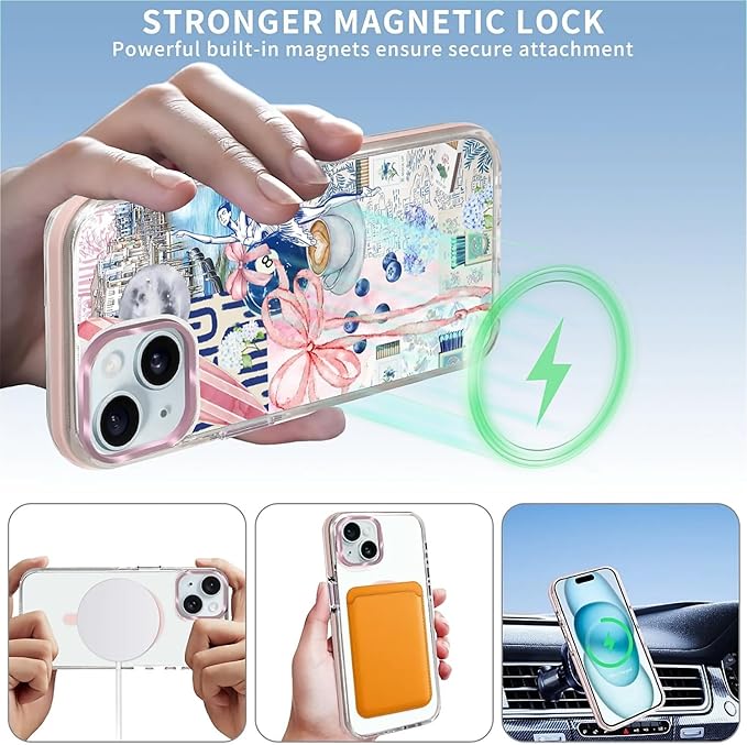 Case for iPhone 14 Plus/15 Plus,[Compatible with MagSafe],Pink Bow Girly Coquette Collage Phone Case Design，for Women Girls Magnetic Clear Cover - Slim, Sleek, & Shockproof Protection