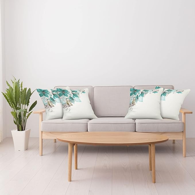 Ambesonne Turquoise Throw Pillow Cushion Case Pack of 4, Flowers Buds Leaf at The top Left Corner Season Celebrating Theme, Modern Accent Double-Sided Digital Printing, 20", Teal Brown