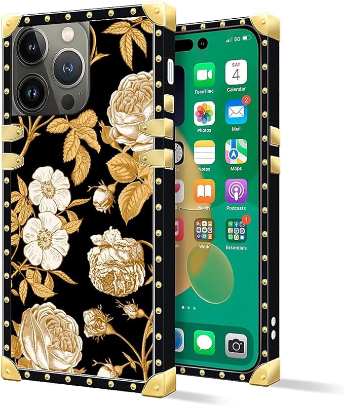 Compatible with iPhone 14 Pro Max Case, Blooming Rose Golden Flower Luxury Golden Decoration for Girl Women Soft TPU Shockproof Protective Hard PC Back for iPhone 14 Pro Max