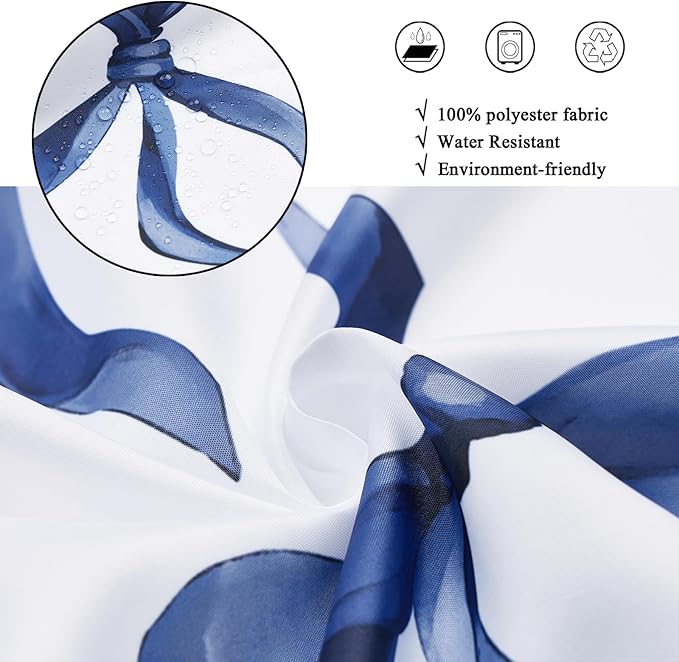 Navy Bow Shower Curtain, Navy and White Modern Aesthetic Bowknot with Polka Dot Cute Girly Bathroom Curtain Waterproof Fabric Machine Washable with Hooks, 65" Wx72 L