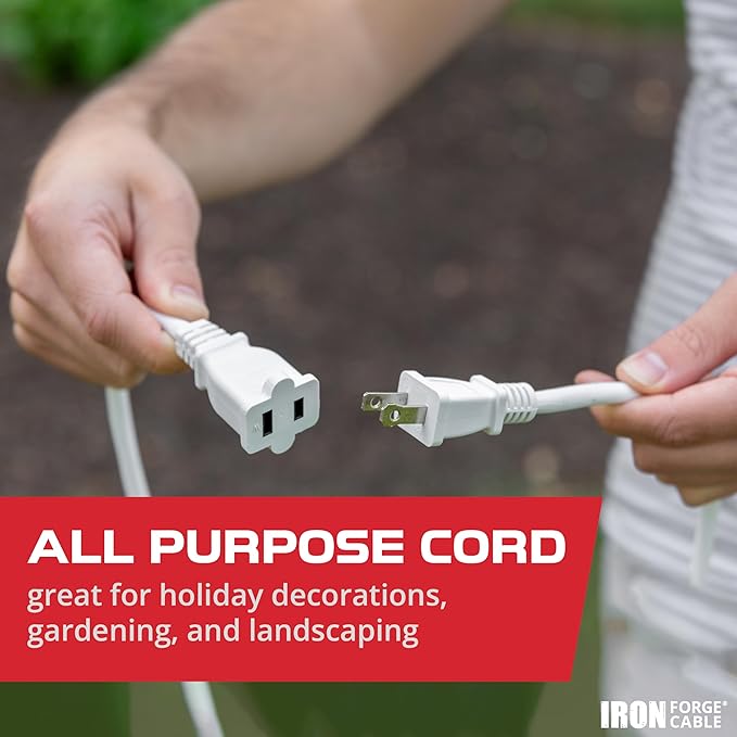 Iron Forge Cable 2 Prong Outdoor Extension Cord 25 ft, 16/2 SJTW 25 Foot White Extension Cord, Weatherproof - Great for Outdoor Lights, Deck, Patio