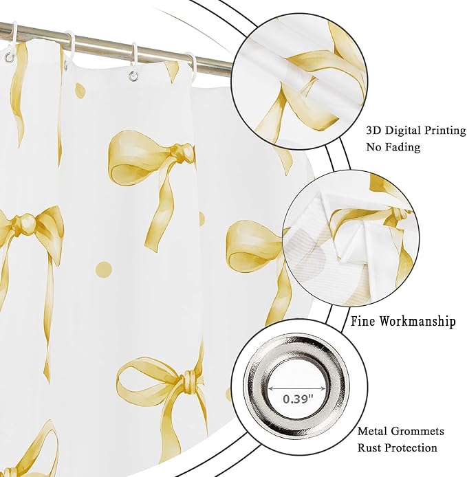 Yellow Bow Shower Curtain, Yellow and White Modern Aesthetic Bowknot with Polka Dot Cute Girly Bathroom Curtain Waterproof Fabric Machine Washable with Hooks, 48" Wx72 L