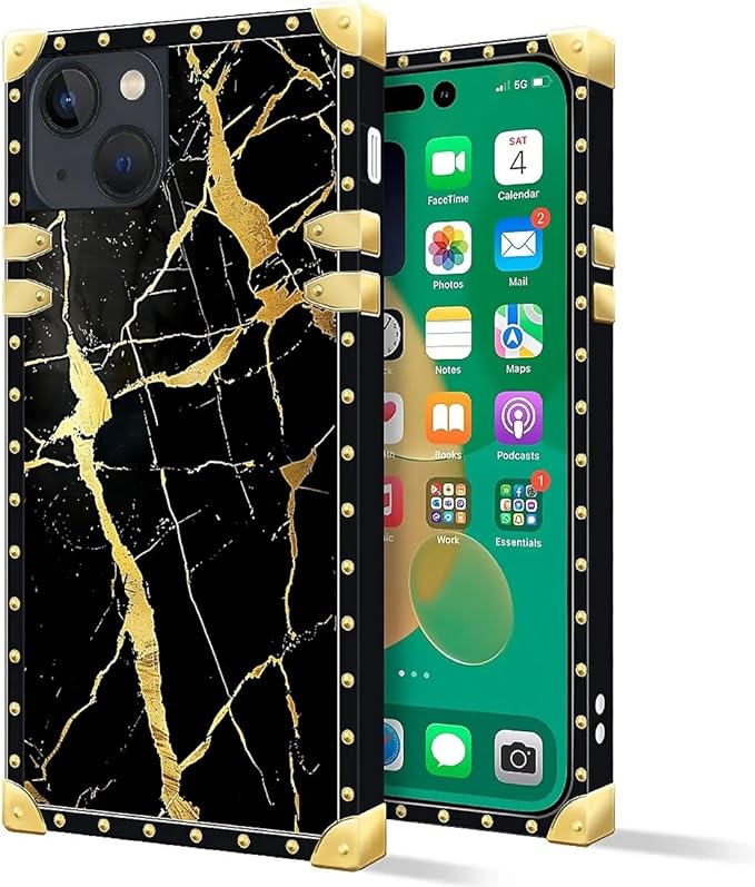 Compatible with iPhone 14 Case, Black Gold Marble Nature Luxury Golden Decoration for Girl Women Soft TPU Shockproof Protective Hard PC Back for iPhone 14