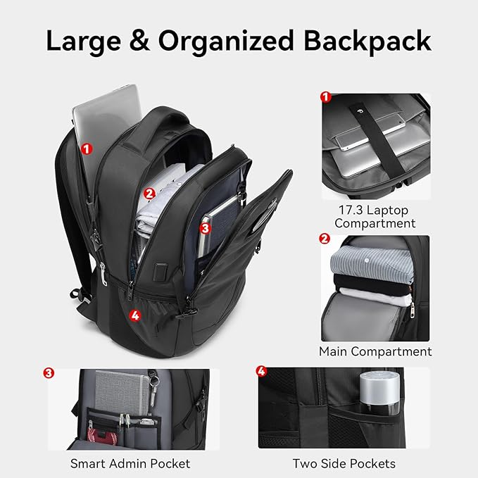 CROSSGEAR Travel Laptop Backpack Anti Theft Fits 17.3 Inch Laptop with USB-A Type C Port, Laptop Backpacks Personal Item Bag, Water Resistant Work Computer Bag for Women Men Flight Approved Black
