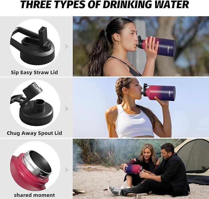 64oz Insulated Water Bottle (Cold for 48 Hrs),BPA Free&Leak Proof,Half Gallon Stainless Steel Water Flask,Water Jug with Straw Spout Lids for Gym,Hiking,Camping,Red Purple