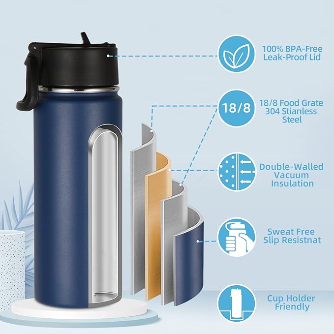 Volhoply 18oz Insulated Water Bottle Bulk 8 Pack,Kids Stainless Steel Water Bottles with Straw Lid,Wide Mouth Reusable Metal Bottle,Double Wall Vacuum Sports Flask for Cold Drink(Navy,8 Set)