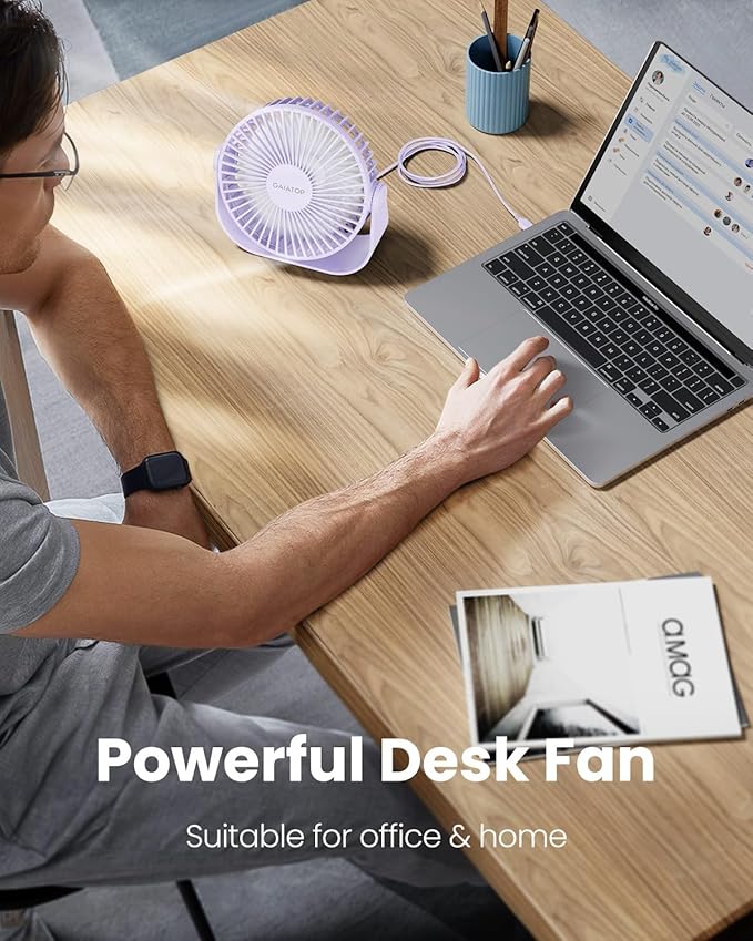 Gaiatop USB Desk Fan, 3 Speeds Strong Airflow, 5.5 Inch Portable 90° Rotate Quiet Cooling, Small Personal Table Fans for Bedroom Home Office Travel Purple