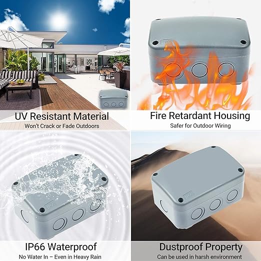 4PK Electrical Junction Box, Nineleaf IP66 Weatherproof Junction Box, 4.9"x 3.3"x 2.3" (125x86x62mm), PVC/ABS Plastic Electric Project Boxes, Universal Watertight Enclosure, for Pond,Terrace,Workshop