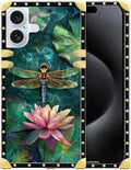 Compatible with iPhone 16 Plus Case, Colourful Dragonfly Pink Lily Pads Luxury Golden Decoration for Girl Women Soft TPU Shockproof Protective Hard PC Back