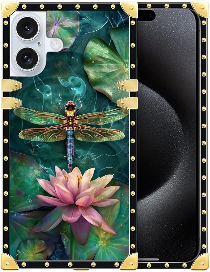 Compatible with iPhone 16 Plus Case, Colourful Dragonfly Pink Lily Pads Luxury Golden Decoration for Girl Women Soft TPU Shockproof Protective Hard PC Back