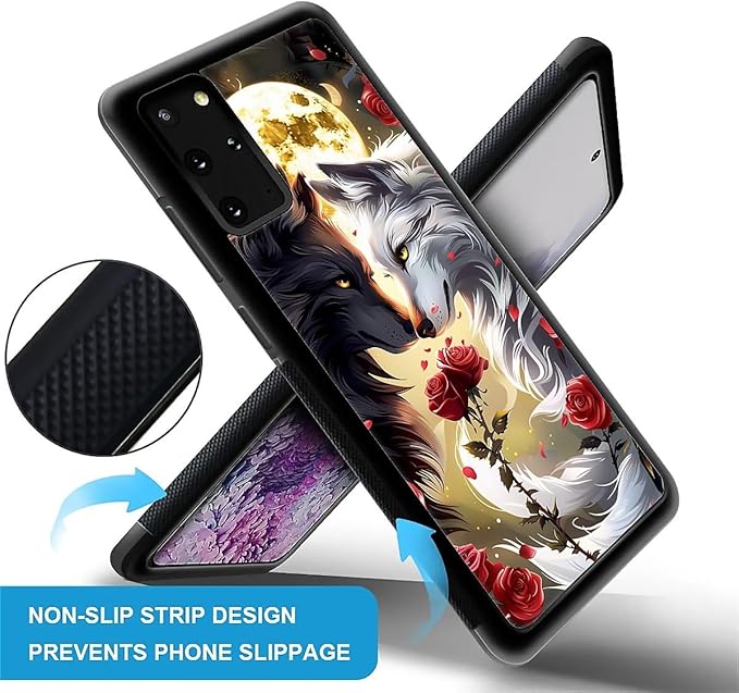 for Samsung Galaxy S20 Plus Case, Black White Wolf Moon Flower Rose Pattern Graphic Design Girl Boy Soft Silicone Hard Acrylic Shock Protection for Samsung Galaxy S20 Plus