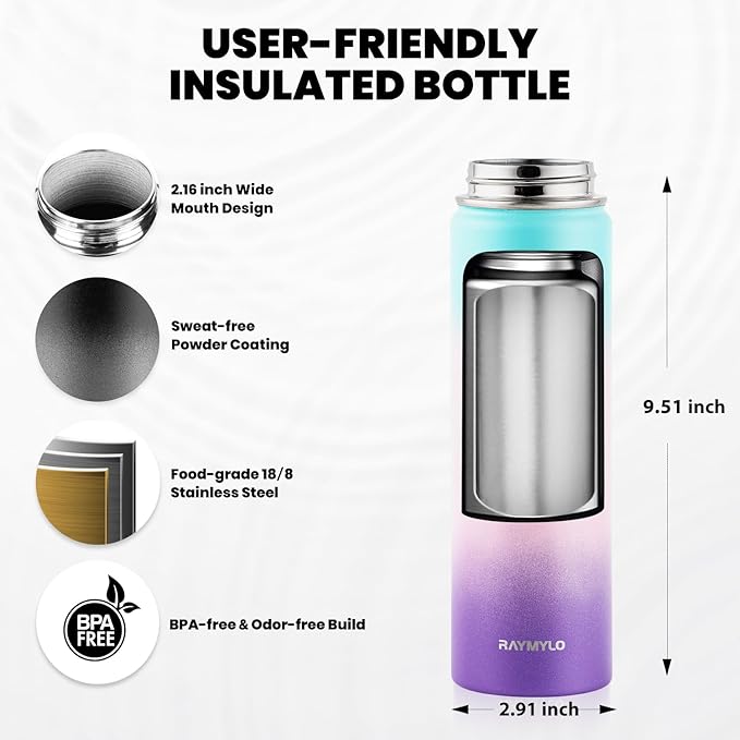 RAYMYLO Insulated Water Bottle 20 oz, Triple Wall Vacuum Stainless Steel (Cold for 24Hrs, Hot for 12Hrs), Leak Proof & Non-BPA, Kids Water Bottle Jug for School with Straw Spout Lids