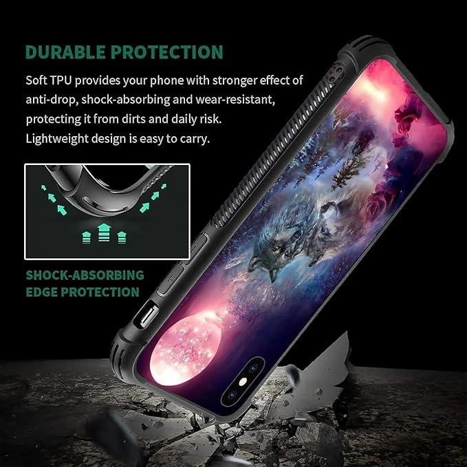 for iPhone Xs Max Case, Star Two Wolfs Howling Pattern Graphic Design Girl Boy Soft Silicone Hard Acrylic Shock Protection for iPhone Xs Max