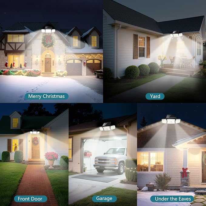 Solar Lights Outdoor Waterproof- 2800LM 200LED Solar Motion Sensor Lights, 3 Heads & 3 Modes Flood Lights, 270° Wide Angle Solar Powered Security Lights for Yard, Garage(4 Pack)