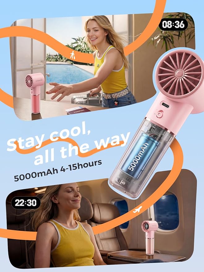 Handheld Portable Fan, 6-Speed Powerful Mini Personal Fan, Rechargeable 5000mAh Battery with Up to 15 Hours Runtime, Pocket Turbo Fan with Smart LED Display, Ideal for Travel, Camping, Makeup