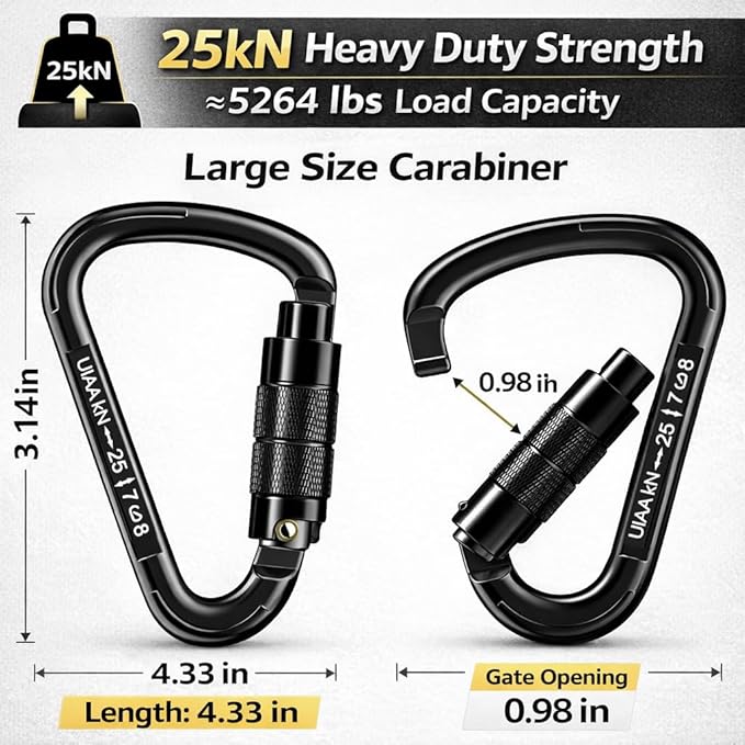 Auto Locking Carabiner Heavy Duty Carabiner 25kN UIAA Certified Climbing Carabiner Climbing Equipment Safety Carabiners for Rappelling, Hammocks, Rescue, Dog Leash, Swing