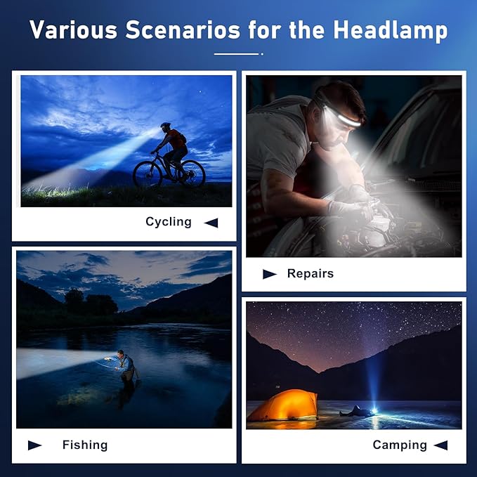 Headlamp Rechargeable LED (4 Pack) 230° Wide Beam, USB-C Lightweight Head Lamp, Long Runtime, Water-Resistant for Camping, Hiking, Running, Fishing, Repair Work