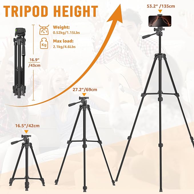 Luswemi 53'' Phone & Camera Mount Tripod Stand with Remote and Holder, Portable Cellphone Tripod Compatible with iPhone 16 Pro Max/15 Pro/Samsung/DJI/GoPro