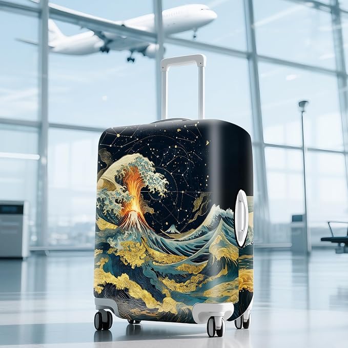 ANNA QUEEN Ocean Waves Travel Luggage Cover -Stretchable Airplane Suitcase Protector Sleeve,Universal Washable Fit for 32-34 Inch Checked Baggage,Water Resistant Durable Luggage Protector,XL