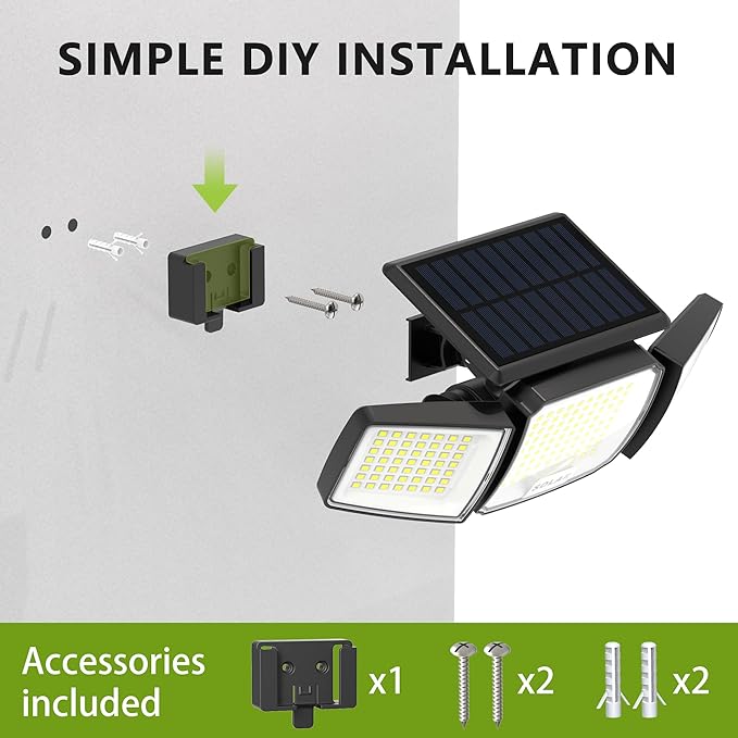 DAMINY Solar Security Light with Motion Sensor,Super Bright LED,Solar-Motion Lights Outdoor Waterproof,Easy Install,3 Heads 270°Wide Angle Flood Light with 3 Lighting Modes-3 Pack