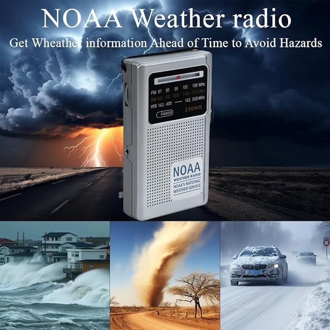 NOAA Weather Radio Portable Radio, Best Reception, AM FM Transistor Radio for Mowing, Jogging, Cycling, Gardening, Powered by 2 AA Battery