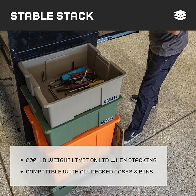 DECKED Payloader 32 L (1-Pack) - 75 lb Bin / 200 lb Lid Load Rated, Heavy-Duty Stackable Storage Bins, Fits Drawer System & Tool Box - Blaze Orange