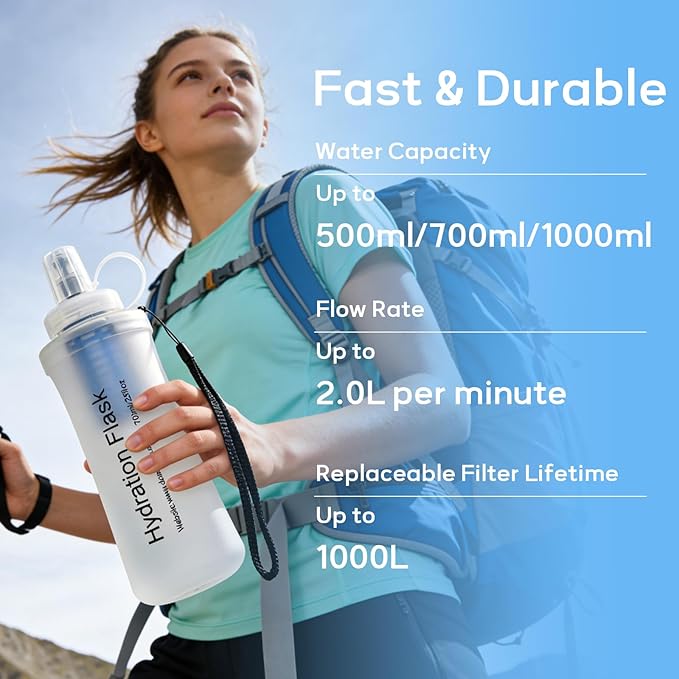 500ml Soft Flask Water Bottle, Collapsible Water Bottle with Filter, Perfect for Hiking, Backpacking, and Camping - White