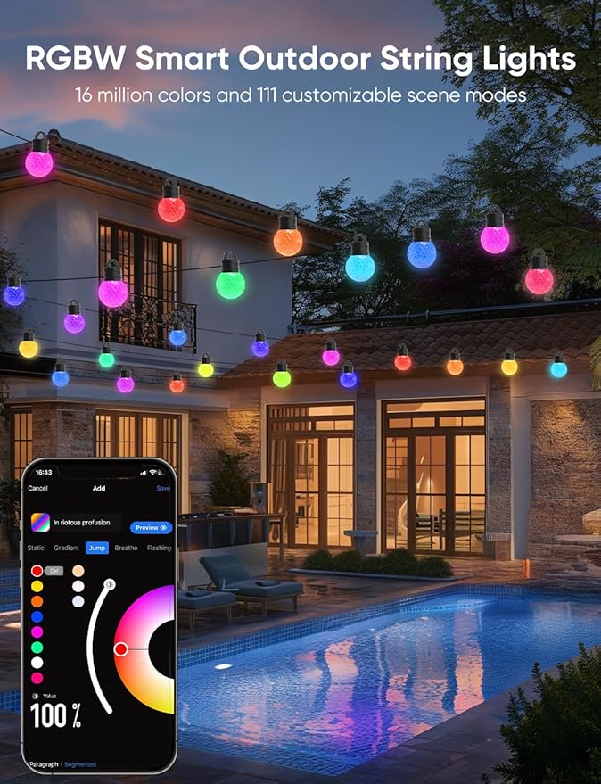 APPECK Outdoor String Lights 150ft, RGBW Color Changing Patio Lights with 75 Dimmable LED Bulbs, 111 Scene Modes, IP65 Waterproof Lighting for Outside, Party, Backyard, Pool, Compatible with Alexa