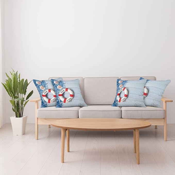 Ambesonne Coastal Throw Pillow Cushion Case Pack of 4, Welcome on Board Message on Life with Fishing Net Seashell Wood Floor of Boat, Modern Accent Double-Sided Digital Printing, 24", Dust Blue