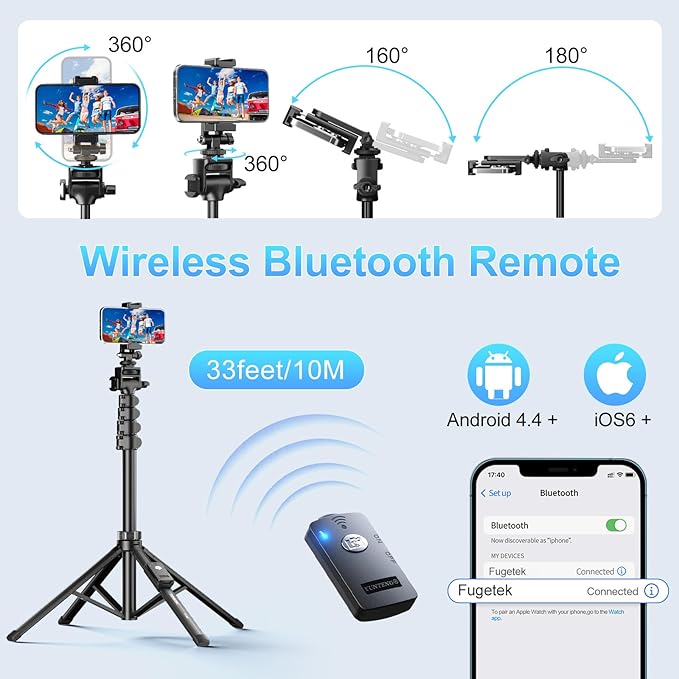 Fugetek 62" Professional Cell Phone Tripod, Ultra Stable 4 Leg Design, Bluetooth Remote, 100% All Aluminum Stick & Legs, Portable All in One, 360° Phone Mount with 2 Cold Shoe Slots, Non Skid Feet