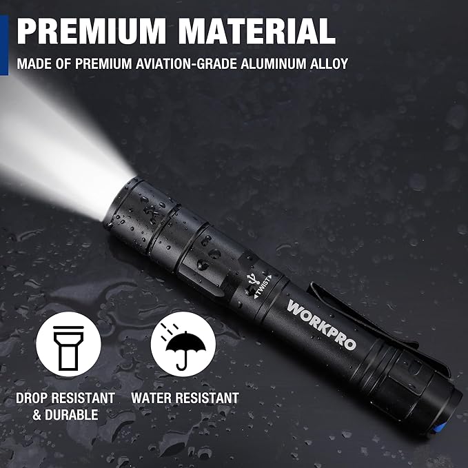 WORKPRO Rechargeable Pen Light, Mini Flashlight, 2 Pack Ultra-Compact EDC Flashlight, Pocket Flashlight with Clip, Memory Function and 2 x USB C Cable Included, Black